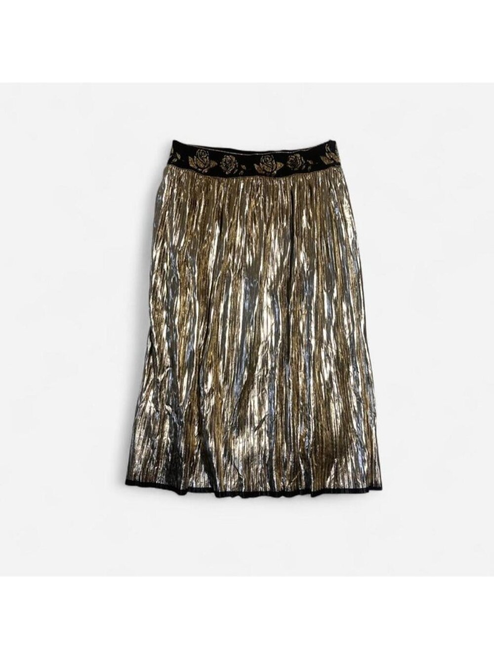 David Pond gold pleated midi skirt with rose elastic waist band